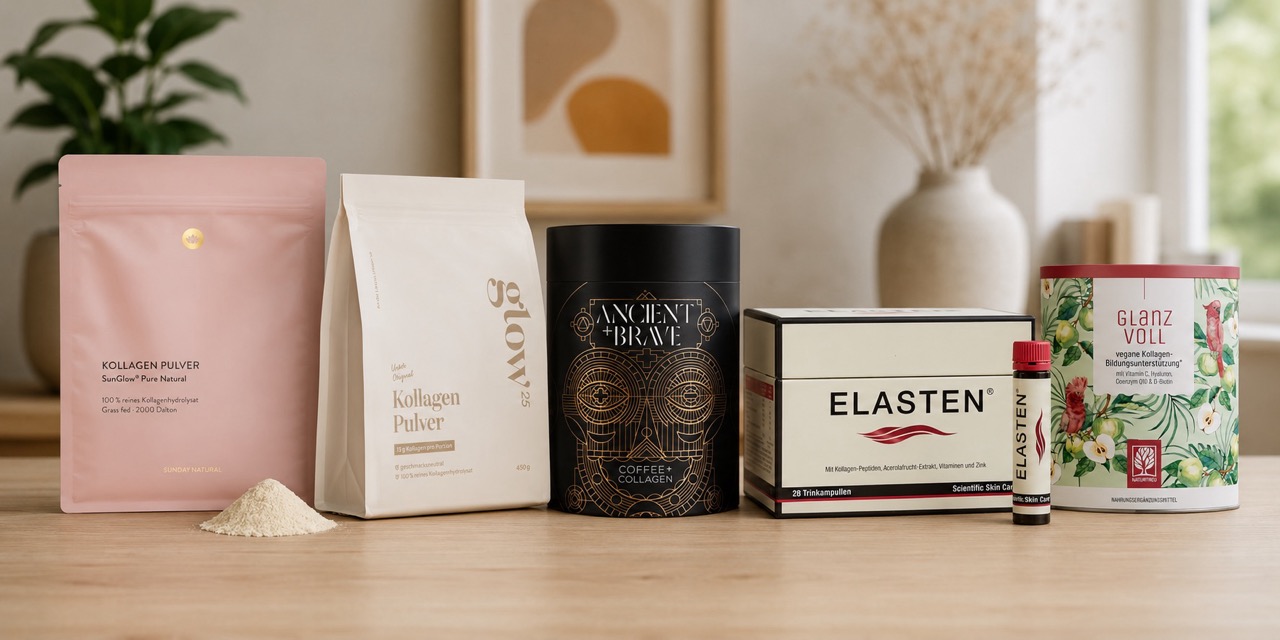 Verschiedene Kollagen-Trinkampullen und -Pulver im deutschen Apotheken- und Drogeriemarkt